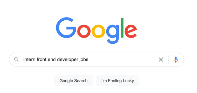 Google page with "intern front end developer jobs" in a search bar